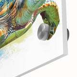 Close-up of a marine life wall art design showcasing a vibrant turtle illustration on acrylic glass, highlighting intricate details and vivid colors in a modern decor setting.