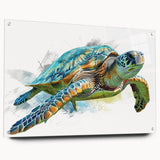 Acrylic wall art design showcasing a vibrant marine life turtle illustration, displayed in a side view with decorative pins, perfect for ocean-themed decor.