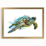 Golden-framed wall art featuring a vibrant marine life turtle design, set against a soft mat background, ideal for ocean-themed decor and nature enthusiasts.