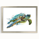 Framed wall art showcasing a marine life design featuring a turtle, set in a silver frame with a mat, ideal for ocean-themed home decor.