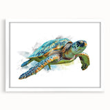 White-framed wall art featuring a vibrant marine life turtle design, showcasing intricate details and colors. Ideal for ocean-themed decor and nature enthusiasts.