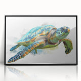 Framed wall art featuring a vibrant marine life turtle design, showcasing intricate details and vivid colors, set in a sleek black frame for an elegant display.