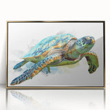 Framed wall art showcasing a vibrant marine life turtle design, featuring a gold acrylic front. Ideal for ocean-themed decor, adding color and elegance to any space.