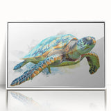 Framed acrylic wall art showcasing a vibrant marine life turtle design, featuring a white frame and clear front view, ideal for ocean-themed decor.