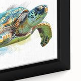 Close-up of a framed canvas wall art featuring a vibrant marine life design showcasing a turtle swimming through coral reefs, perfect for ocean-themed decor.