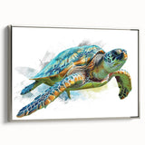 Framed wall art showcasing a marine life turtle design on a textured canvas, featuring a silver frame. Ideal for ocean-themed decor, adding elegance and color to any space.