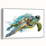 Framed wall art featuring a colorful marine life turtle design on a white background, showcasing intricate details and textures, ideal for ocean-themed decor.