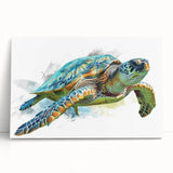 Stretched canvas wall art showcasing a vibrant marine life turtle design, featuring shades of blue and green, perfect for coastal-themed decor.