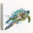 Stretched canvas wall art featuring a vibrant marine life design of a turtle, showcasing intricate details and bright colors, ideal for ocean-themed decor.