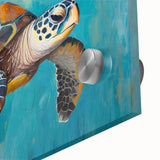 Close-up of vibrant marine life wall art featuring a detailed turtle design on acrylic glass, showcasing vivid colors and intricate patterns, perfect for ocean-themed decor.