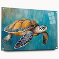 Colorful acrylic glass wall art showcasing a vibrant marine life turtle design, displayed from the side with decorative pins, perfect for ocean-themed decor.