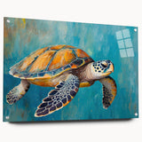 Colorful acrylic glass wall art showcasing a vibrant marine life turtle design, displayed from the side with decorative pins, perfect for ocean-themed decor.