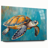 Colorful marine life wall art featuring a detailed turtle design, displayed in acrylic glass with a side view, perfect for ocean-themed decor.