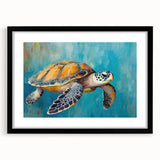 Black-framed wall art featuring a colorful marine life design showcasing a turtle, ideal for ocean-themed decor, enhancing any living space with vibrant aquatic visuals.