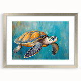Elegant marine life wall art featuring a turtle design, framed in silver with a mat, perfect for ocean-themed home decor. Ideal for nature enthusiasts and art collectors.