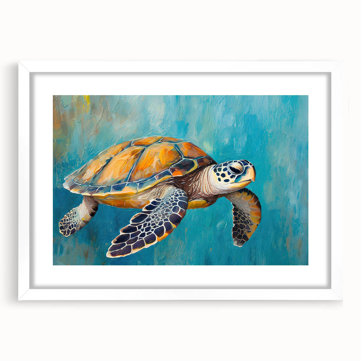 Framed marine life wall art showcasing a detailed turtle design with a white mat, perfect for ocean-themed decor, enhancing any living space with a serene vibe.