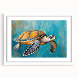 Framed marine life wall art showcasing a detailed turtle design with a white mat, perfect for ocean-themed decor, enhancing any living space with a serene vibe.