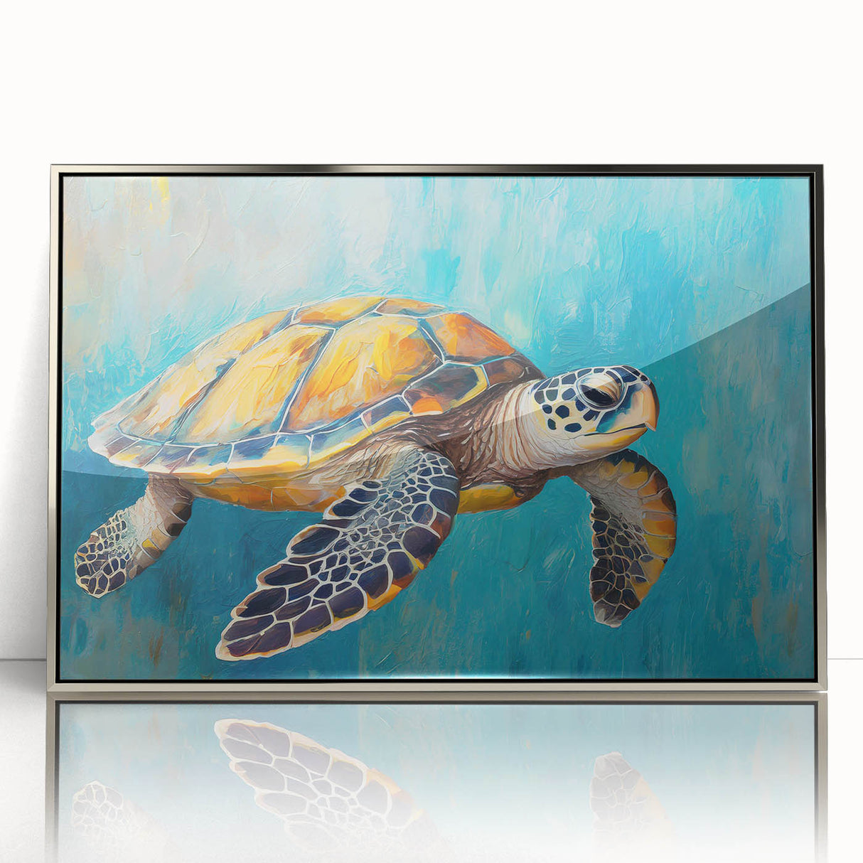Framed wall art featuring a vibrant marine life design with a turtle, displayed in a sleek silver frame, ideal for ocean-themed home decor.