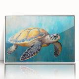 Framed acrylic wall art featuring a vibrant marine life design with a turtle, set against a white background, perfect for ocean-themed decor. Ideal for nature lovers and beach enthusiasts.