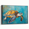 Framed canvas wall art featuring a marine life design of a turtle, showcasing vibrant colors against a black background, perfect for ocean-themed decor.