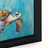 Close-up of a framed canvas wall art featuring a vibrant marine life design showcasing a turtle, with vivid colors and intricate details, perfect for ocean-themed decor.