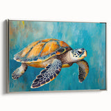 Framed wall art featuring a marine life design of a turtle, showcasing vibrant colors and intricate details, perfect for ocean-themed home decor.