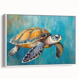 Framed canvas wall art showcasing a vibrant marine life turtle design, featuring shades of blue and green, ideal for coastal-themed decor in any room.
