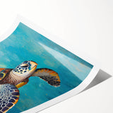 Marine life wall art print featuring a vibrant turtle design in rich blue and green colors, rolled and ready for framing, ideal for ocean-themed decor.
