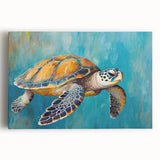 Colorful marine life wall art featuring a vibrant turtle design on stretched canvas, ideal for ocean-themed decor. Perfect for adding a splash of nature-inspired beauty to any room.