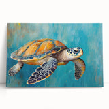 Vibrant marine life turtle wall art design printed on stretched canvas, showcasing intricate details and rich colors, ideal for coastal-themed decor. This beautiful piece adds a touch of oceanic charm to any interior space.
