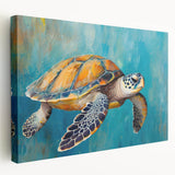 Stretched canvas wall art showcasing a vibrant marine life design with a graceful turtle, ideal for ocean-themed decor, bringing tranquility and beauty to any space.