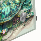Close-up of vibrant marine life wall art featuring a turtle design on acrylic glass, showcasing intricate details and bright colors, perfect for ocean enthusiasts.