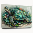 Marine life wall art showcasing a vibrant turtle design on acrylic glass, displayed at a side view with decorative pins, ideal for ocean-themed decor.