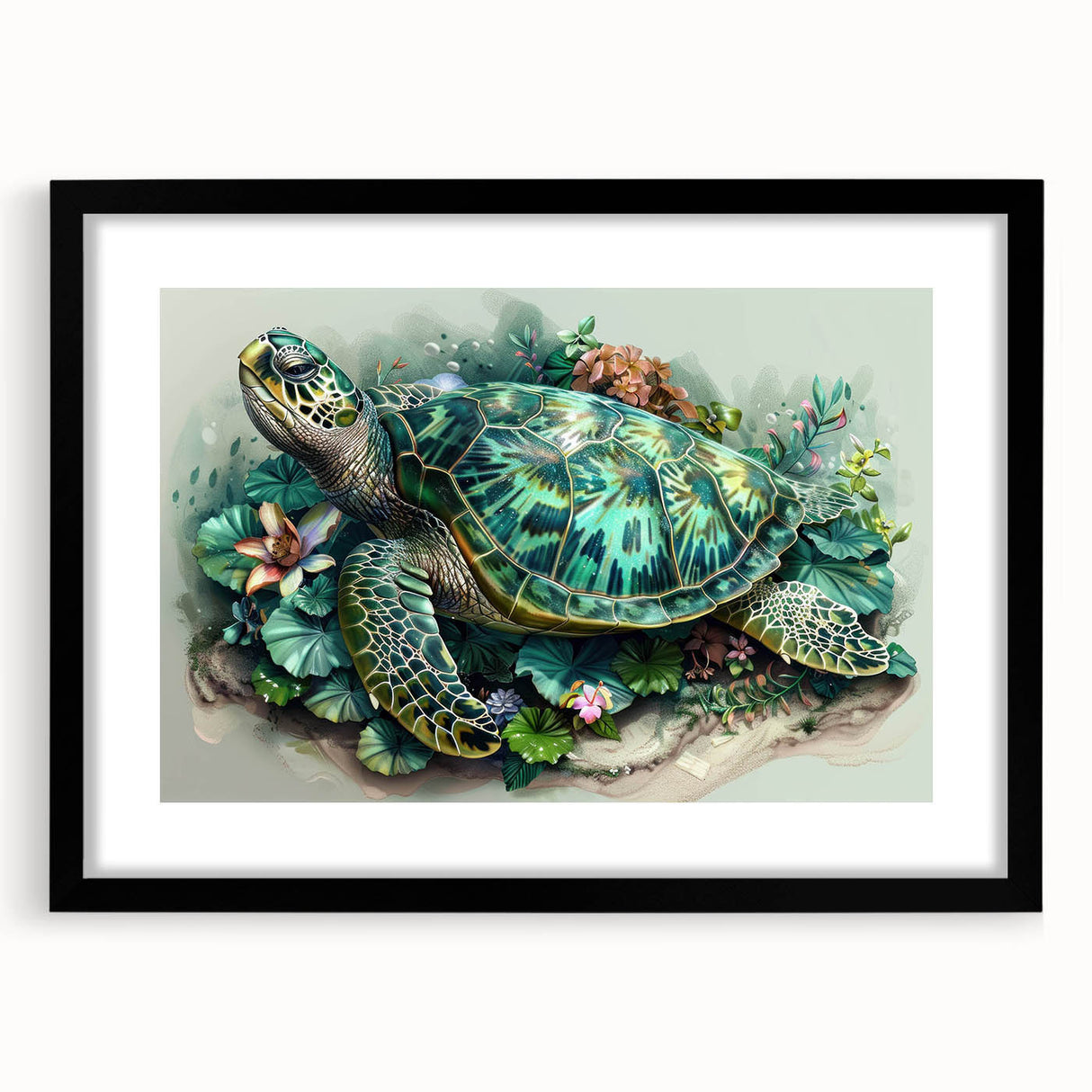 Black-framed wall art showcasing a vibrant marine life turtle design, perfect for ocean-themed decor. Features intricate details and a stylish mat.