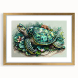 Gold-framed wall art featuring a serene marine life turtle design, elegantly matted, perfect for enhancing coastal home decor with a touch of nature's beauty.