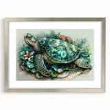 Framed wall art featuring a marine life design showcasing a turtle, set in a sleek silver frame with a mat, perfect for ocean-themed decor.