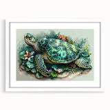 Framed marine life wall art showcasing a vibrant turtle design, set against a white mat, perfect for adding a touch of oceanic elegance to any room decor.