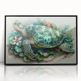 Framed wall art featuring a marine life turtle design, showcasing vibrant colors and intricate details, set in a sleek black frame for modern decor.
