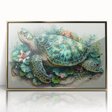 Framed wall art featuring a vibrant marine life design showcasing a turtle, with a gold-acrylic finish that enhances its colors, perfect for ocean-themed decor.