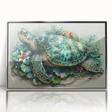 Framed acrylic wall art showcasing a detailed marine life turtle design, featuring vibrant colors and a sleek silver frame, ideal for ocean-themed decor.