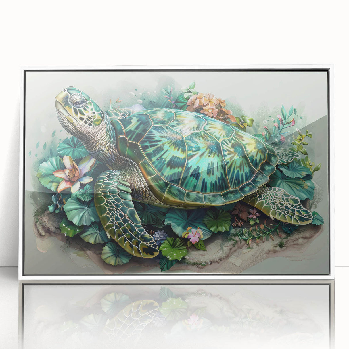 Framed acrylic wall art featuring a vibrant marine life design with a turtle, showcasing intricate details and bright colors against a white background, ideal for ocean-themed decor.