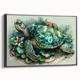 Framed canvas wall art featuring a vibrant marine life design with a turtle, set against a black background, ideal for ocean-themed decor. Perfect for nature lovers.