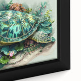 Close-up of a framed canvas print depicting a vibrant marine life scene with a turtle, showcasing intricate details and vivid colors, ideal for aquatic-themed decor.