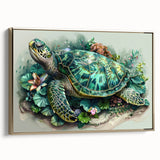 Elegant framed canvas wall art featuring a detailed marine life turtle design in gold tones, showcasing its intricate patterns and textures, suitable for ocean-themed decor.