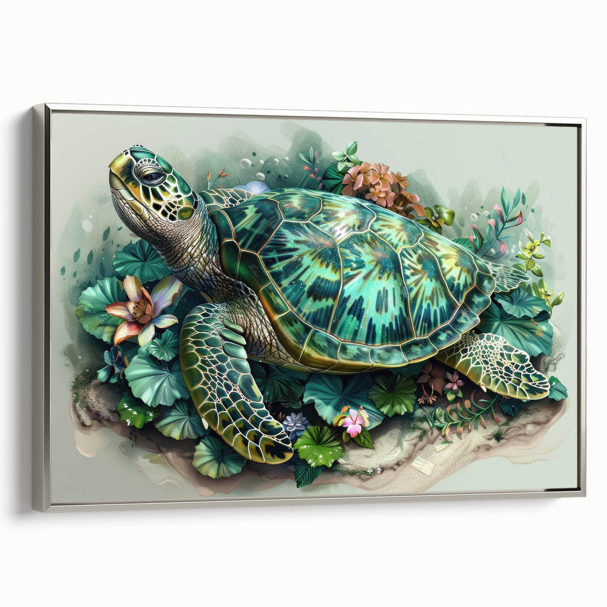 Framed canvas wall art featuring a marine life design with a turtle in vibrant colors against a soothing blue background, ideal for ocean-themed decor.