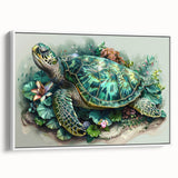 Framed canvas wall art showcasing a vibrant marine life design featuring a sea turtle in shades of blue and green, set against a white background, ideal for ocean-themed decor.
