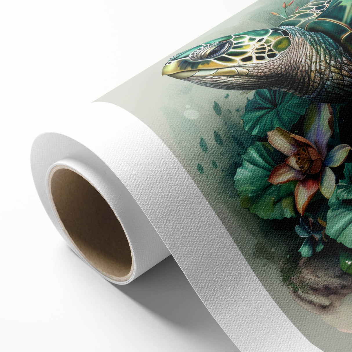 Vibrant rolled canvas depicting a serene marine life scene with a turtle swimming among colorful coral, perfect for ocean-themed decor. Ideal for nature lovers.