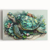 Stretched canvas wall art featuring a vibrant marine life design with a sea turtle, showcasing intricate details and bright colors, perfect for ocean-themed decor.