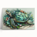 Vibrant stretched canvas wall art showcasing a detailed marine life design featuring a turtle, perfect for ocean-themed decor. Ideal for adding a touch of nature to any room.