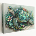 Stretched canvas wall art showcasing a vibrant marine life design featuring a sea turtle in shades of blue and green, perfect for ocean-themed decor.